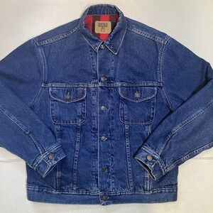 Vintage Denim Trucker Jacket Men's Size L Plaid Flannel Lined Gap Brand Biker